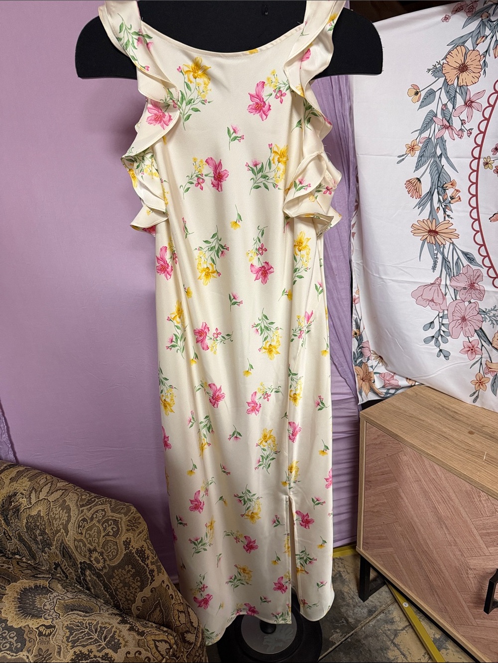 a new day Cream Maxi Dress with Pink & Yellow Floral Ruffle Sleeves